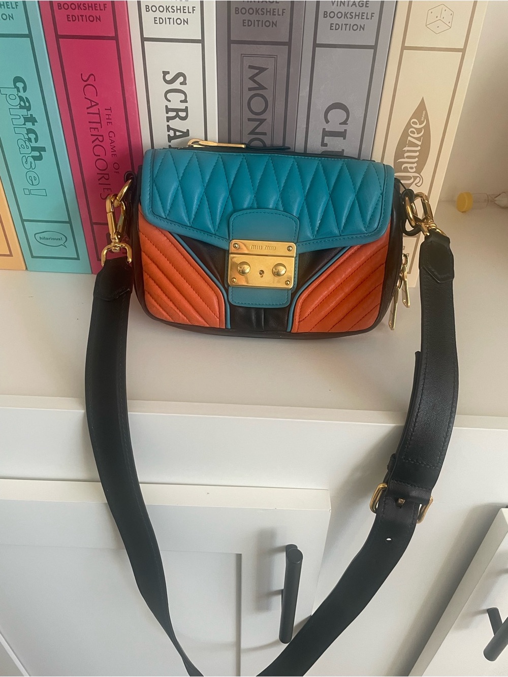 Miu Miu Quilted Crossbody Bag in Teal, Orange & Black